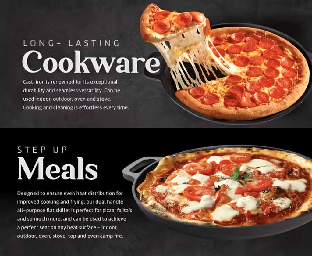 Cast Iron Skillet 11 Inch Pre-Seasoned Round Grill Pan with Dual Loop Handles ¨C Even Heating for Oven, Stovetop, Campfire & Grill | Heavy-Duty Kitchen Cookware for Pizza, Steak & More