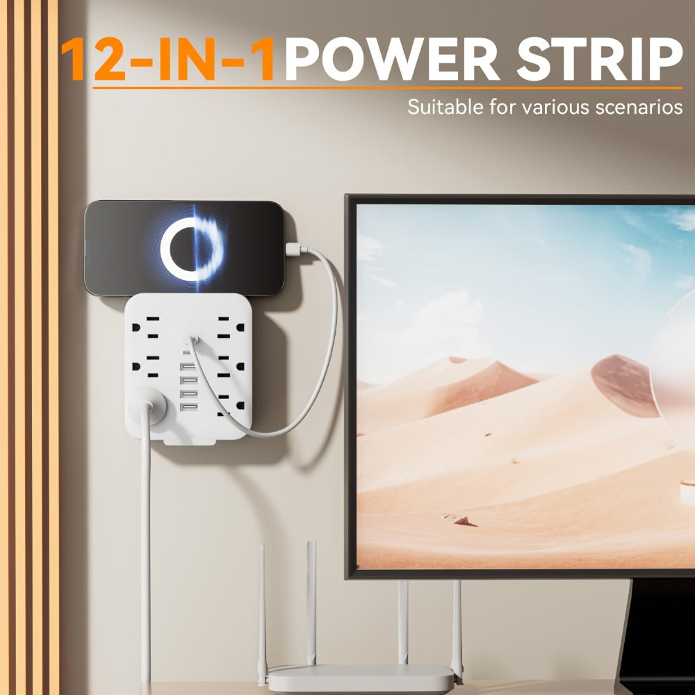 Wall Power Strip 12-in-1 with 6 AC Outlets & 6 USB Ports (2 USB-C) ¨C Compact Space-Saving Plug, 110-130V US Plug for Home & Office ¨C White & Black