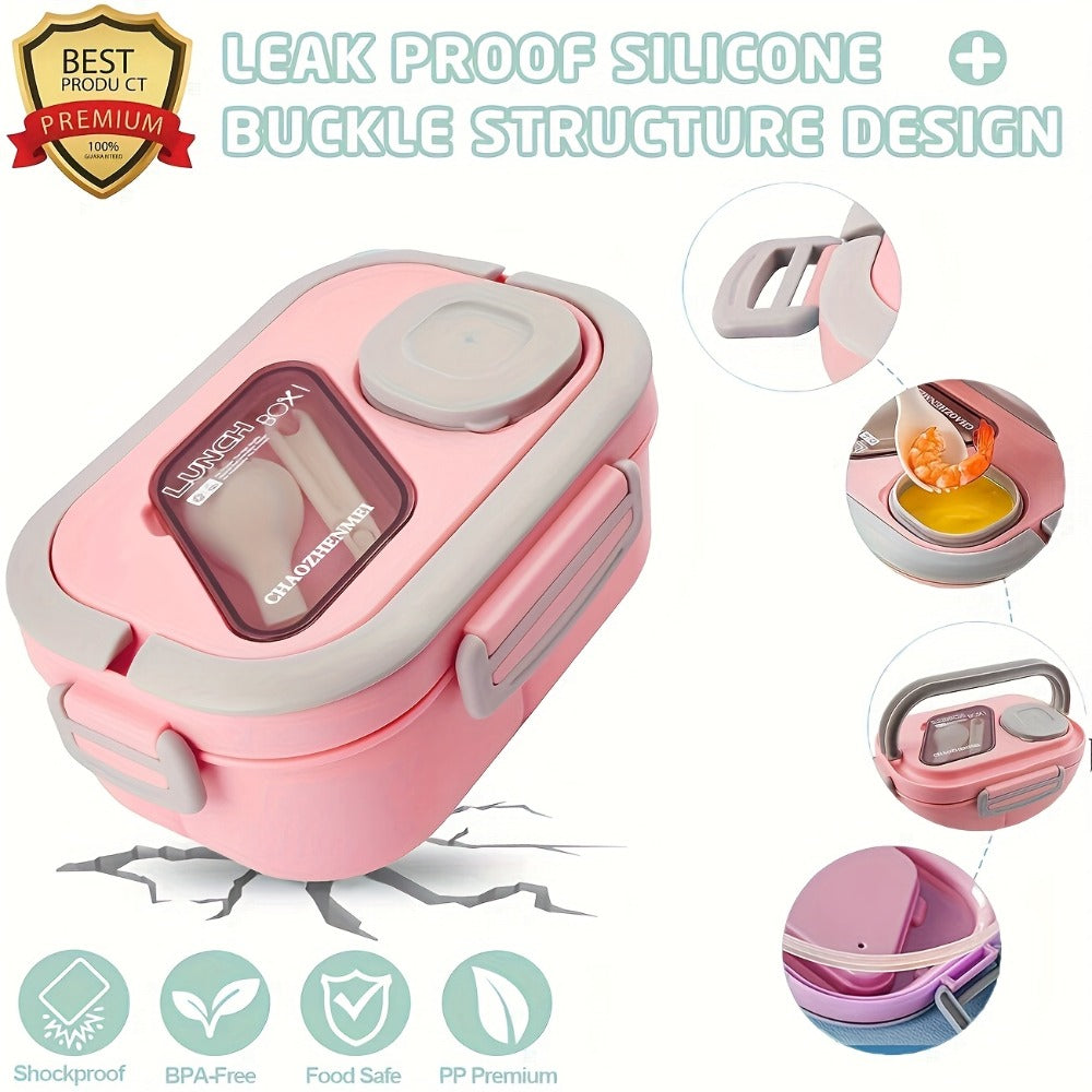 Bento Box 2-Layer with Multiple Compartments - Complete Set with Cup Bag Cutlery and Sauce Box, Microwave Safe Lunch Box for School Work and Outdoor Meals, Leak Proof Temperature Retentive Food Container Available in White Pink and Blue