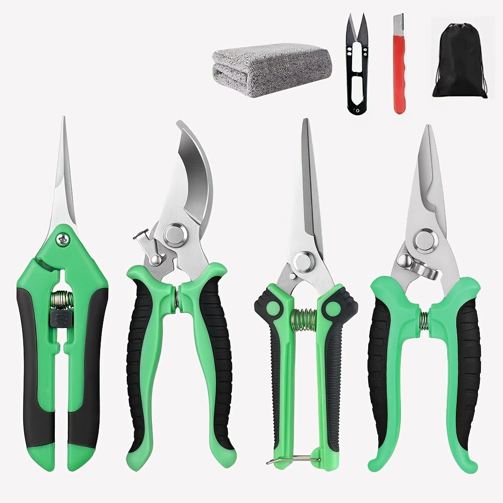 Gardening Pruning Tool Set 8 Piece Stainless Steel | Pruning Shears Scissors Pliers Ergonomic Handle with Wiping Cloth | Lawn Tree Garden Care Kit Orange Yellow Green