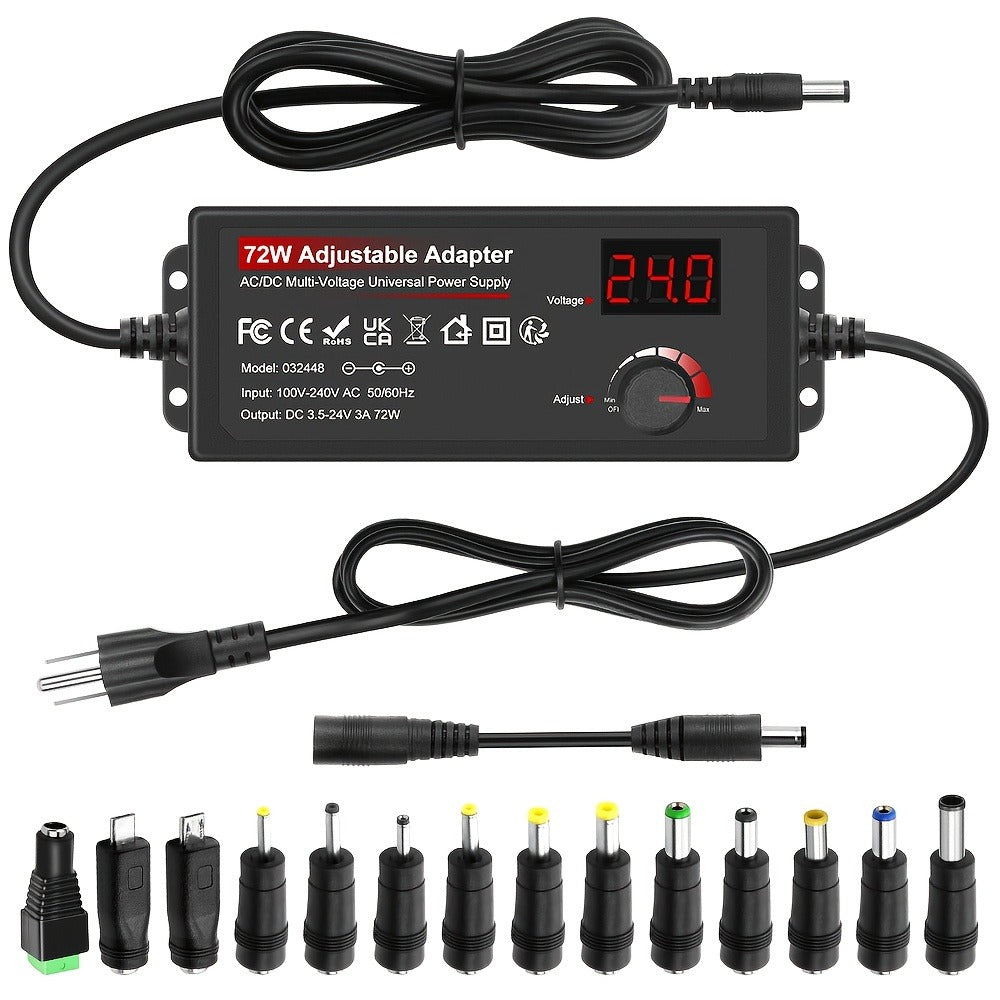 Adjustable AC to DC Power Adapter 72W - 3-24V Variable Power Supply with LCD Voltage Display, Knob Control, 15 Interchangeable Tips, Overvoltage & Short Circuit Protection, 100-240V Universal Input