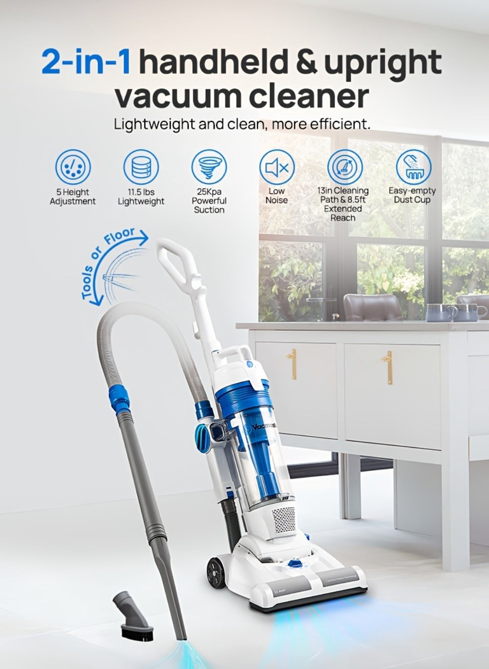 Bagless Upright Vacuum Cleaner Vacmaster UC0101 Strong Suction 20ft Cord 13-Inch Cleaning Path for Carpet Hard Floor Pet Hair Portable Home Floor Cleaner