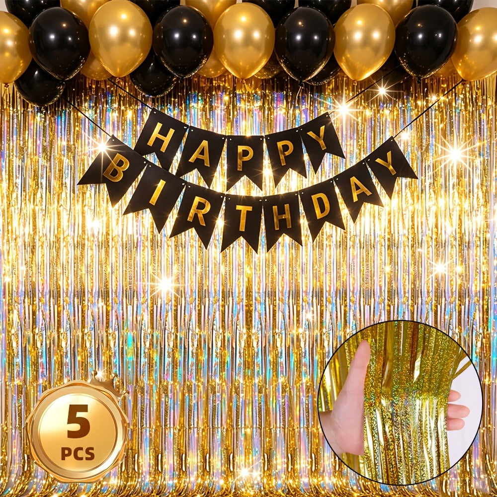 Metallic Tinsel Fringe Curtain Backdrop 5 Pack ¨C Shimmering Foil Streamer for Birthday Party Decorations, Wedding, Bachelorette, Engagement, Halloween, Christmas Holiday Celebration Photo Prop