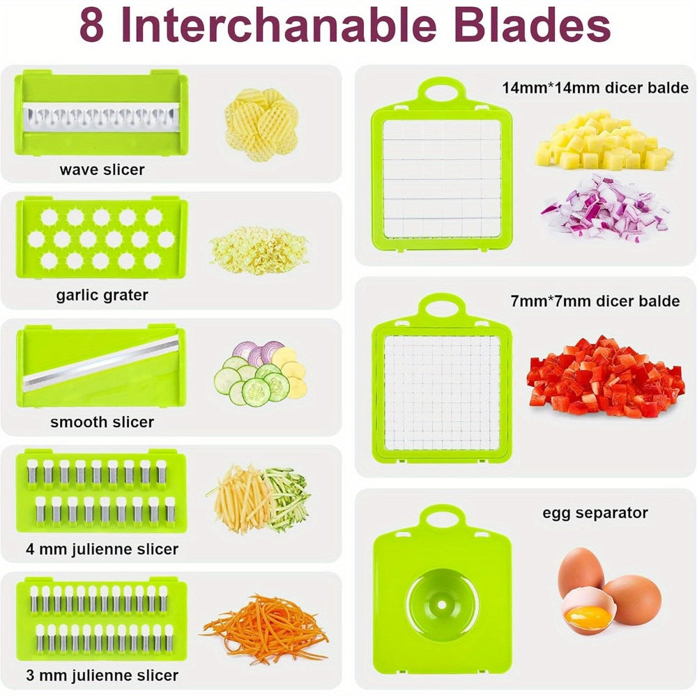 Vegetable Chopper 16-in-1 Manual Food Chopper Set ¨C 8 Interchangeable Blades with Container, Grater & Strainer ¨C Professional Onion Slicer & Dicer for Carrots, Garlic & Salad Kitchen Prep