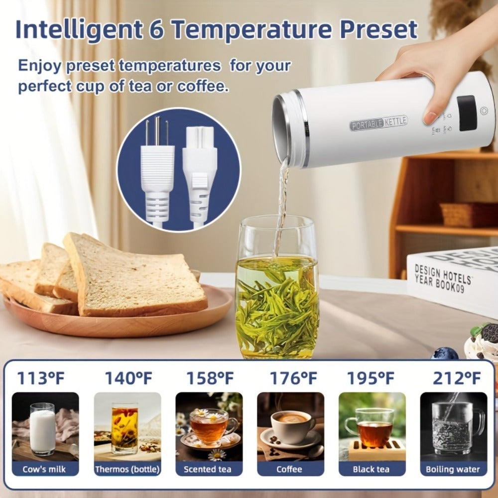 Travel Electric Kettle Portable Mini Water Boiler | 6 Temperature Settings | 304 Stainless Steel | Auto Shut-Off Boil-Dry Protection | BPA-Free | 15oz Coffee Tea Milk Kettle for Travel Home Office
