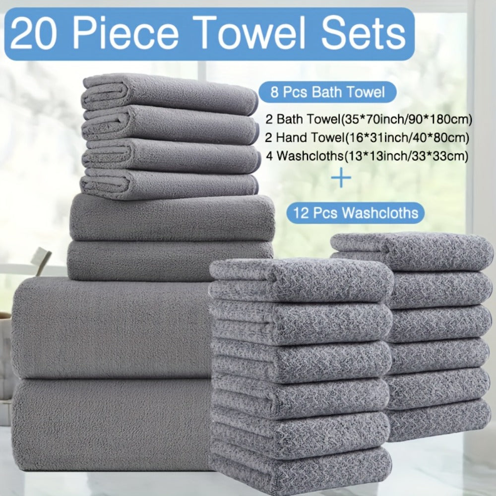 Bath Towel Set 20 Piece 100% Microfiber Absorbent Quick Dry Soft Extra Large Bath Sheets 8 Bath Towels 12 Washcloths Home Bathroom Spa Gift White Beige Gray Blue Green Purple