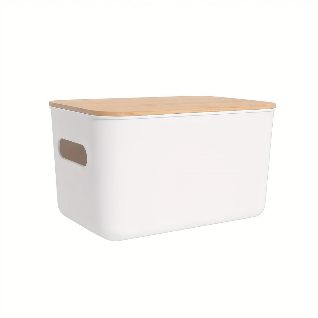 Plastic Storage Bins with Wood Lids Stackable Organizer with Handle and Labels for Home Office Kitchen Bedroom Closet Playroom 1 2 4 8 Pack