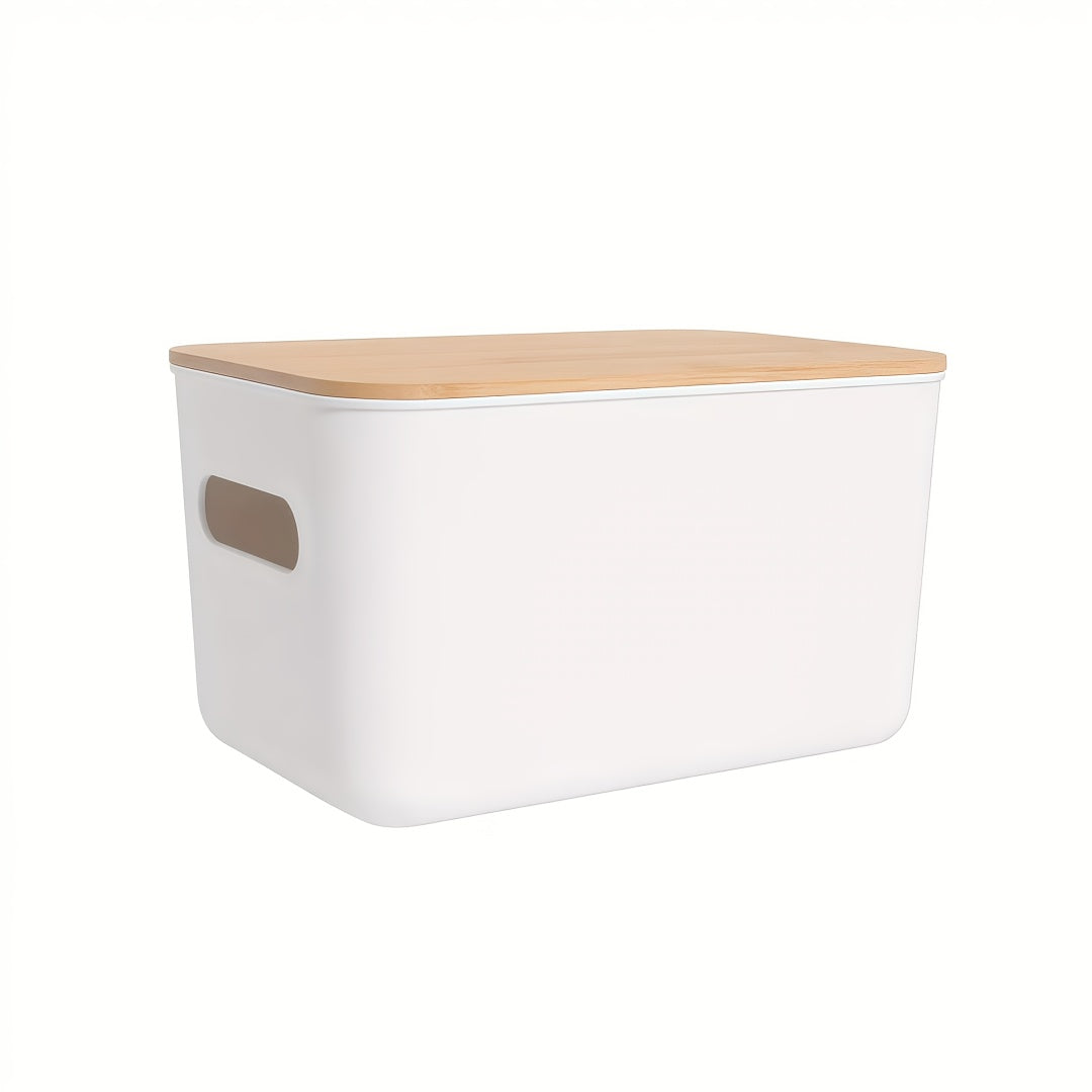Plastic Storage Bins with Wood Lids Stackable Organizer with Handle and Labels for Home Office Kitchen Bedroom Closet Playroom 1 2 4 8 Pack