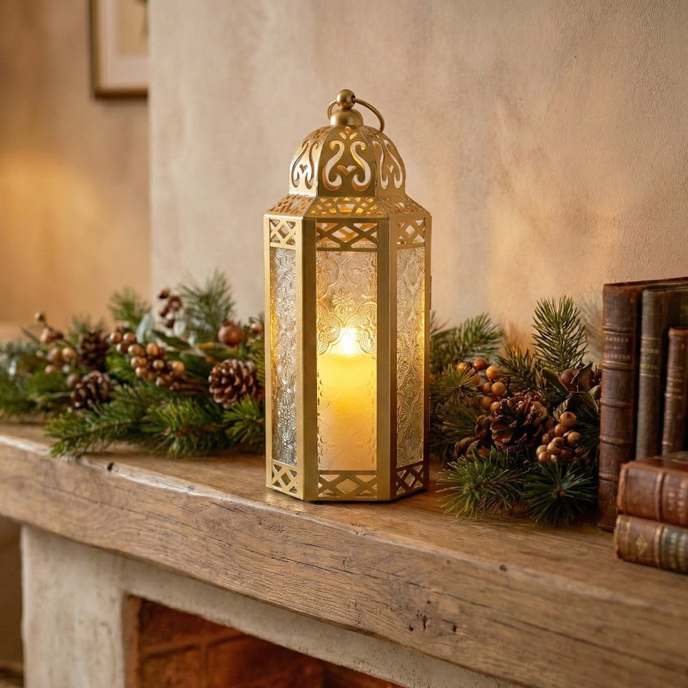 Moroccan Candle Lantern Holder - Decorative Metal & Glass Lantern with Embossed Floral Design for Indoor Home Decor, Garden, Patio, Weddings, Ramadan, Halloween & Holiday Celebrations - 10.5¡± Tall Medium Size