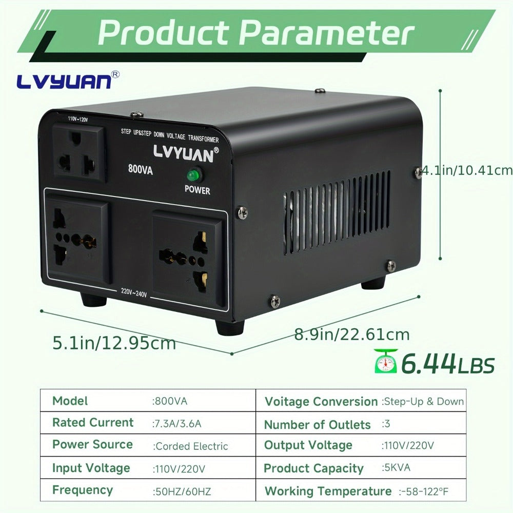 Heavy-Duty Voltage Converter Transformer 800W Continuous 5000W Peak - Step Up Step Down 110V to 220V, Aluminum Alloy Housing, Overload Indicator, Safety Protection, Black & White Options