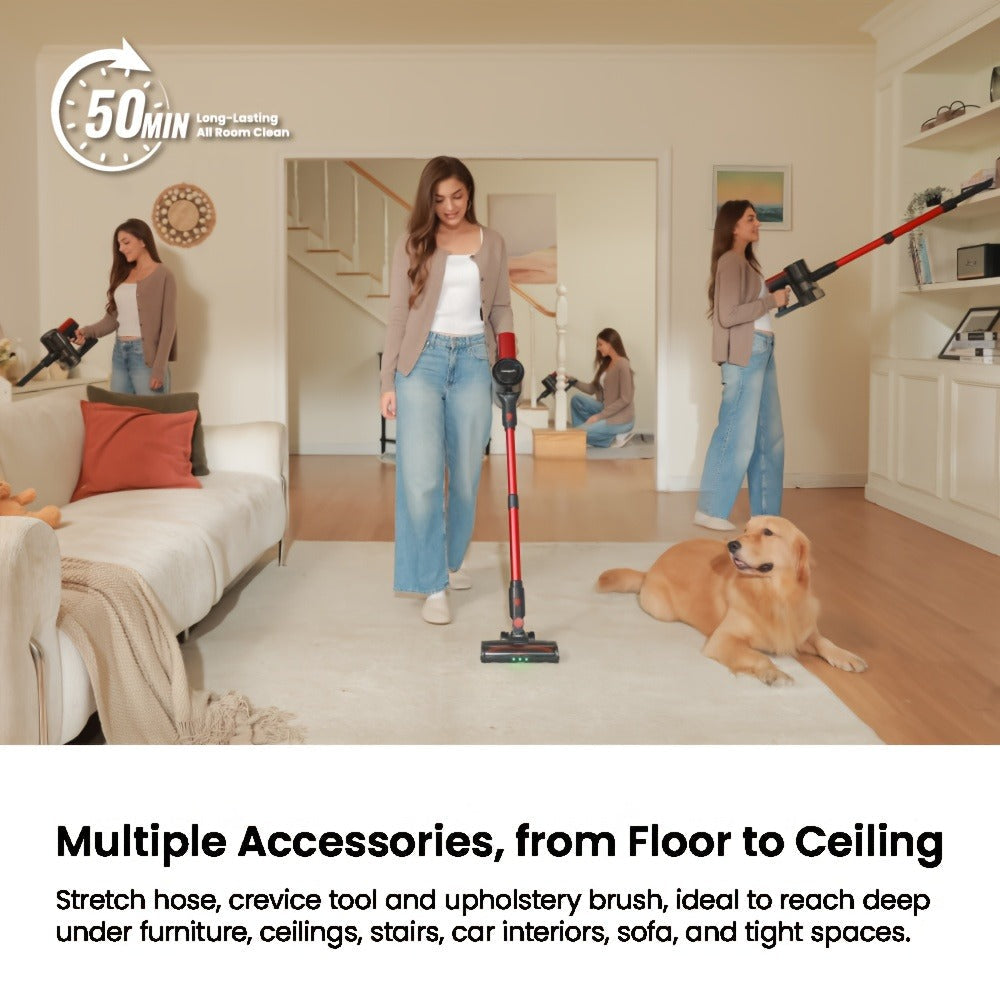 Cordless Vacuum Cleaner 46KPA Powerful Suction Lightweight Detachable Battery Anti-Tangle V-Shaped Brush 6-Stage Filtration 1.8L Dust Cup for Hard Floor Carpet Pet Hair Home