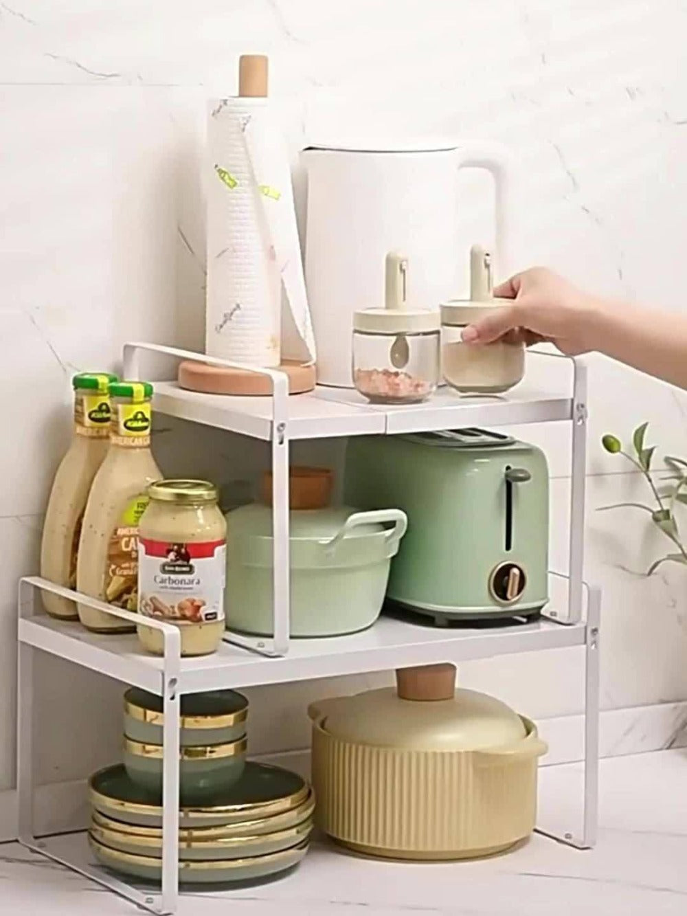 Expandable Cabinet Shelf Organizer Riser ¨C Height Adjustable Retractable Rack with Suction Cup Base for Kitchen Pantry Cupboard Under Sink Countertop, Heavy Duty Metal Space Saver, Stackable Storage