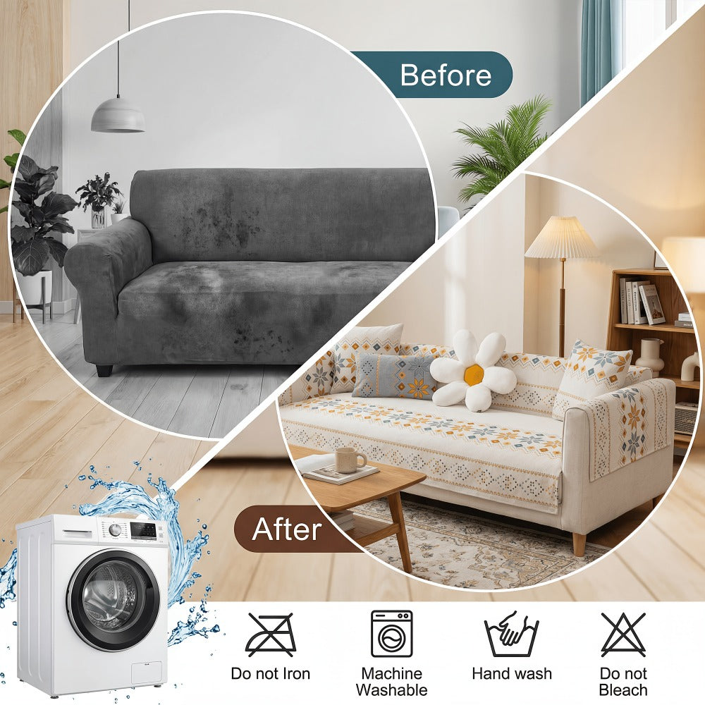 Chenille Sofa Cover Bohemian Style 1pc - Ethnic Pattern Anti-Slip Cat Scratch Resistant Skin-Friendly Couch Slipcover | 2 3 4 Seat Sizes White Green | Living Room Bedroom Office Sofa Cushion Cover Home Decor