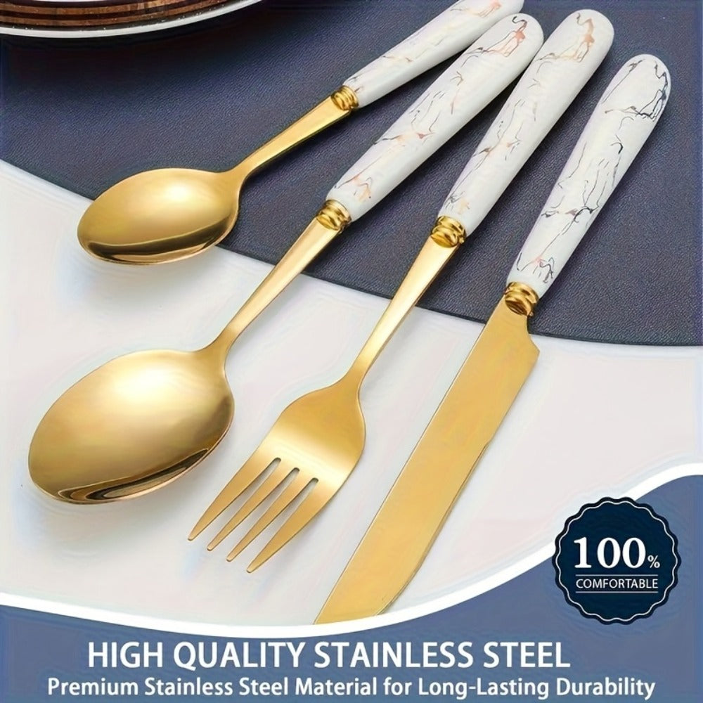 Marble Pattern Cutlery Set 24pcs - Dinner Forks Soup Spoons Teaspoons for Home Hotel Restaurant