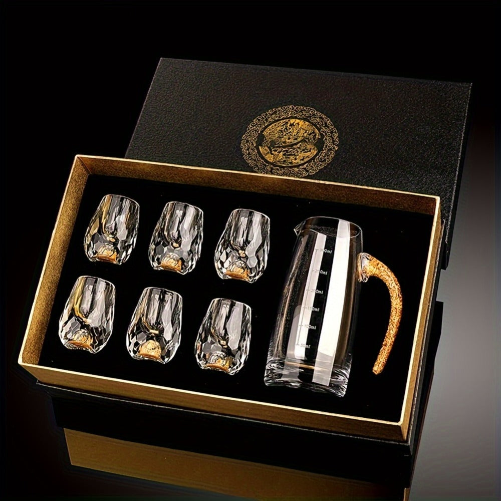 24K Gold Plated Crystal Wine Set ¨C 1 Decanter & 6 Cups with Leakproof Crystal Glasses ¨C Elegant Black Gift Box ¨C Luxury Home Bar, Wedding & Party Gift for Wine Lovers