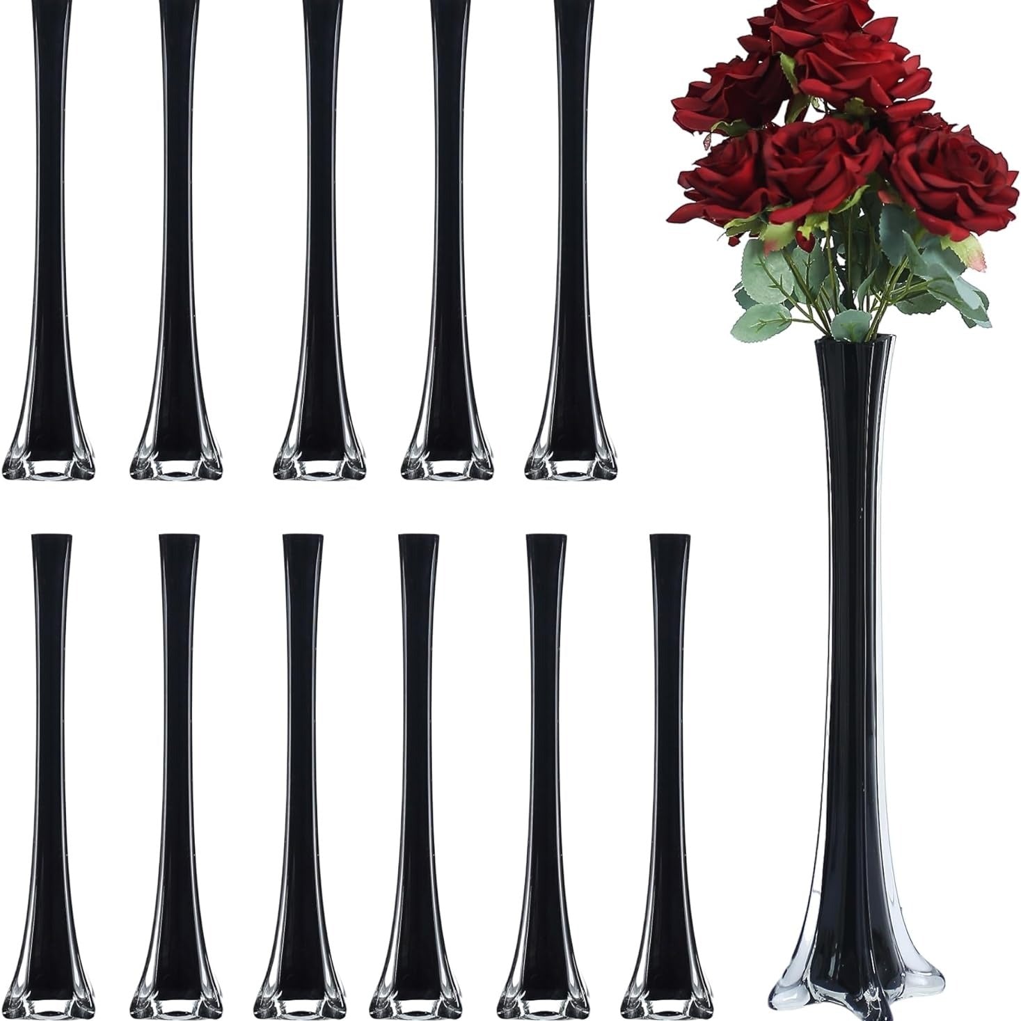 Eiffel Tower Vase Pack of 12 ¨C Tall Glass Flower Vases for Wedding Centerpiece, Event Table Decor, Floral Arrangements & Party Decoration, Clear Black White, 12¡± 16¡± 20¡± 24¡± Sizes
