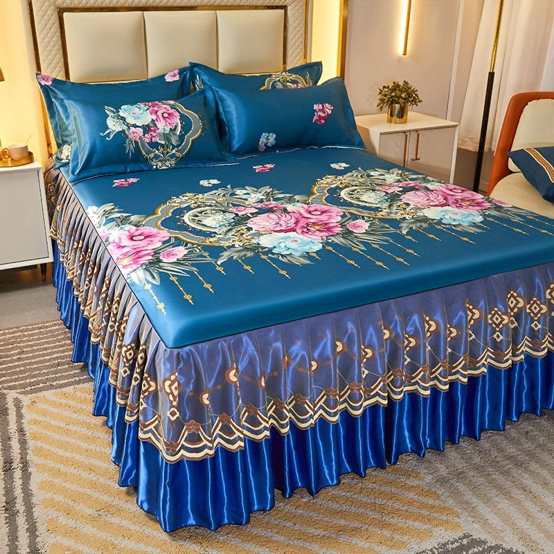 Floral Ruffle Bed Skirt Cool Mat 3 Piece Set with Pillowcase, Double Layer 360¡ã Full Wrap Washable Cooling Mattress Cover, Breathable Summer Bedding Set for Twin Full Queen King, Parisian Romantic Floral