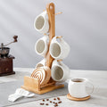 Ceramic Coffee Cup Set of 6 with Wooden Coasters & Cup Holder | 200ml Latte Cappuccino Espresso Tea Mugs | Home Office Caf¨¦ Gift Set