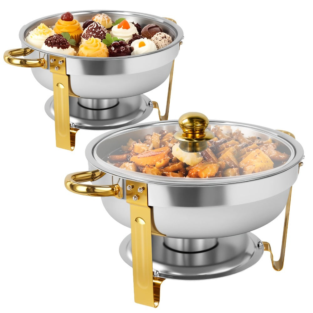 Golden Chafing Dish Buffet Set with Glass Lid 6QT Round Stainless Steel Food Warmer Chafer for Catering Party Dinners Weddings, Titanium Gold Finish, 2 & 4 Pack