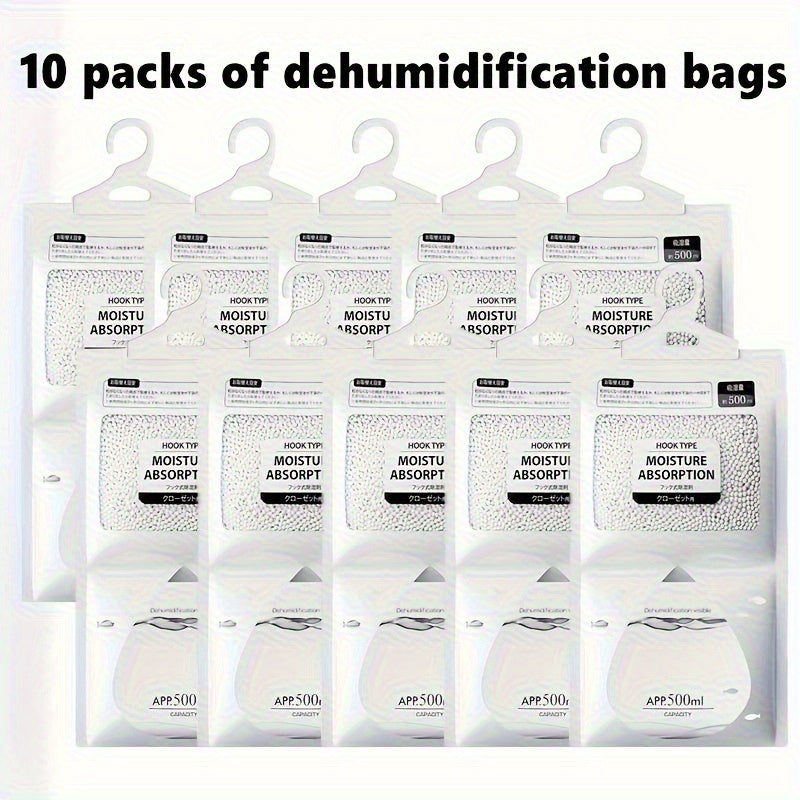 Hanging Moisture Absorber Bags 10-Pack, Dehumidifier Bags for Closet Wardrobe Bedroom Bathroom, High-Efficiency Moisture Proof Damp Absorbing Home Dehumidification