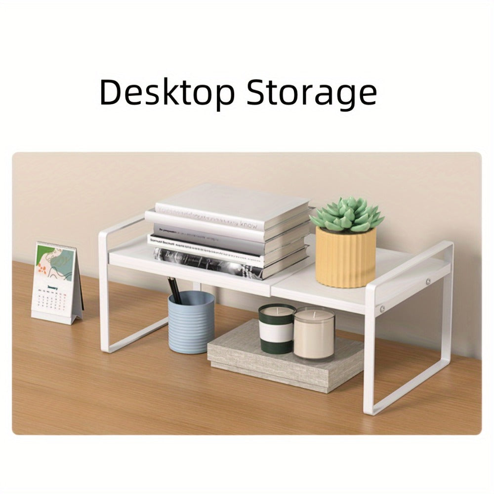 Expandable Cabinet Shelf Organizer Riser ¨C Height Adjustable Retractable Rack with Suction Cup Base for Kitchen Pantry Cupboard Under Sink Countertop, Heavy Duty Metal Space Saver, Stackable Storage