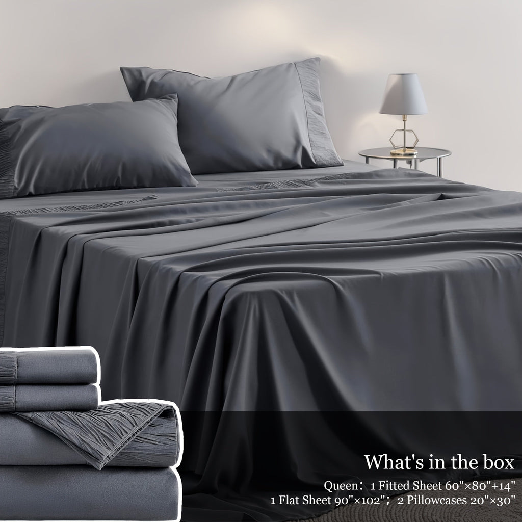 Bed Sheet Set 4-Piece Soft Breathable Cooling Sheets - Flat Sheet, Fitted Sheet & 2 Pillowcases, Wrinkle-Free Hotel Luxury Bedding, All Season Comfort