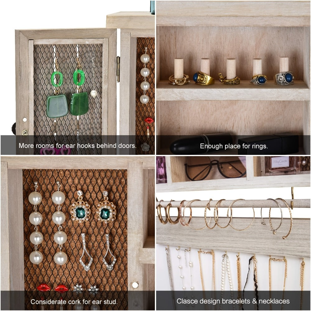 Wall-Mounted Wood Jewelry Organizer ¨C Rustic Hanging Display Shelf with Removable Bracelet Rod & Hooks for Necklaces, Rings & Bracelets, Space-Saving Dressing Room Decor