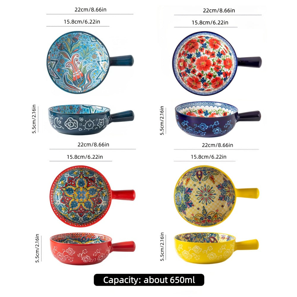 Ceramic Salad Bowl Set of 4 Bohemian Style 8.7 Inch with Handles Microwave and Oven Safe Colorful Serving Bowls for Home Baking Table Serving Gift