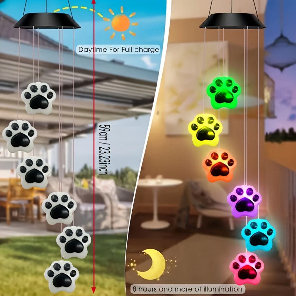 Solar Wind Chime Light Paw Print RGB Color Changing Outdoor Garden Hanging Decoration, Dog Cat Pet Memorial Wind Chime Solar Powered for Balcony Patio Courtyard Yard Holiday Gift for Pet Lovers
