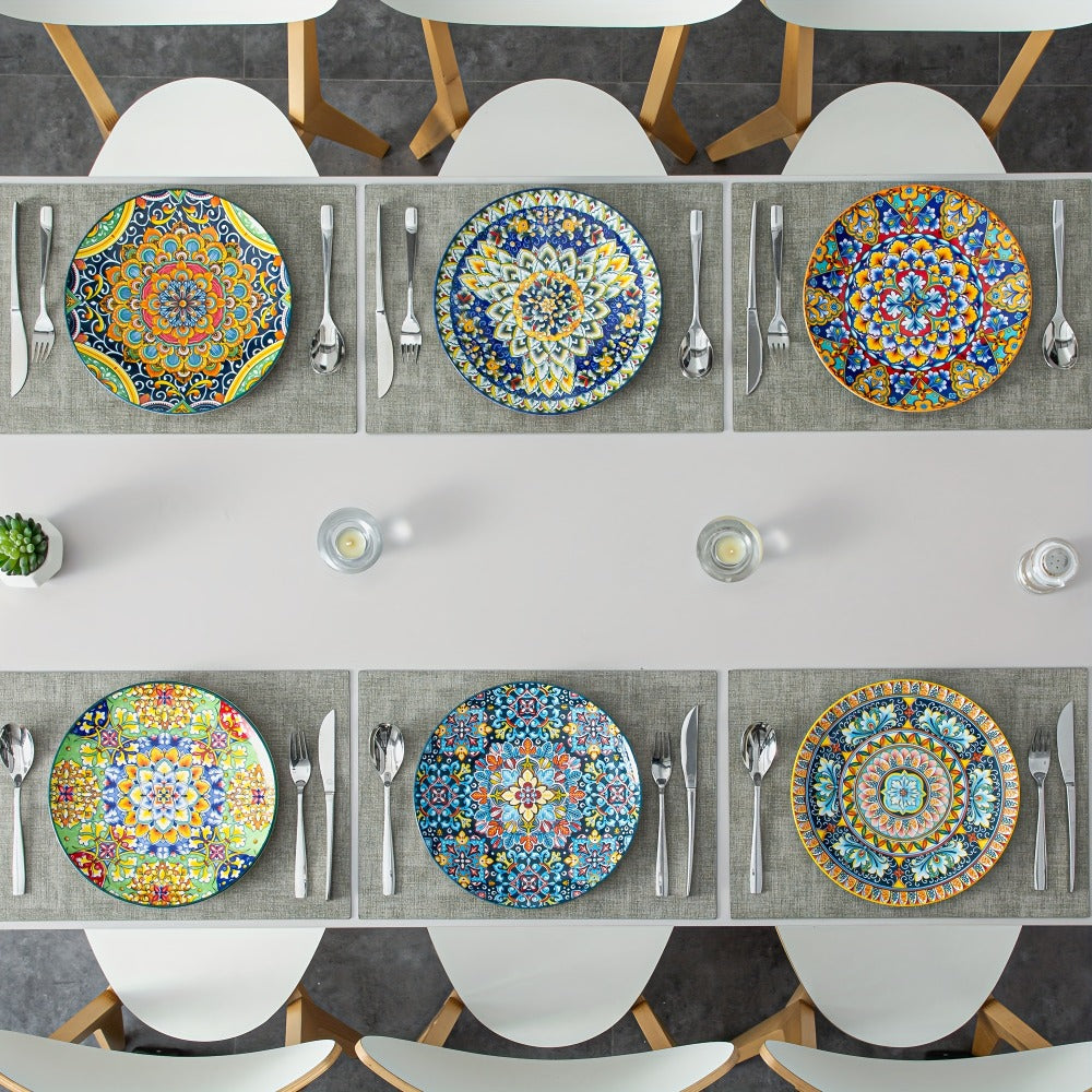 Bohemian Dinner Plates Set of 6 ¨C 10.5 Inch Colorful Stoneware Plate Set Microwave Dishwasher Safe Scratch Resistant Porcelain Dinnerware for Home Restaurant Cafe Boho Kitchen Decor Gift