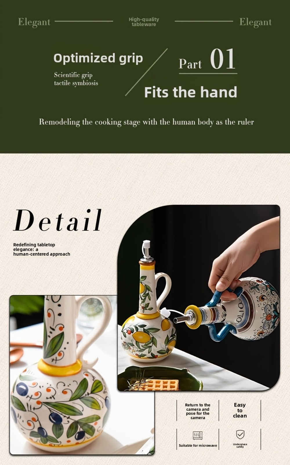 Ceramic Oil and Vinegar Dispenser Set Hand-Painted Underglaze Anti-Drip Leak-Proof Kitchen Oil Bottle with Oil Spout and Foot Pad Olive Green Lemon Yellow
