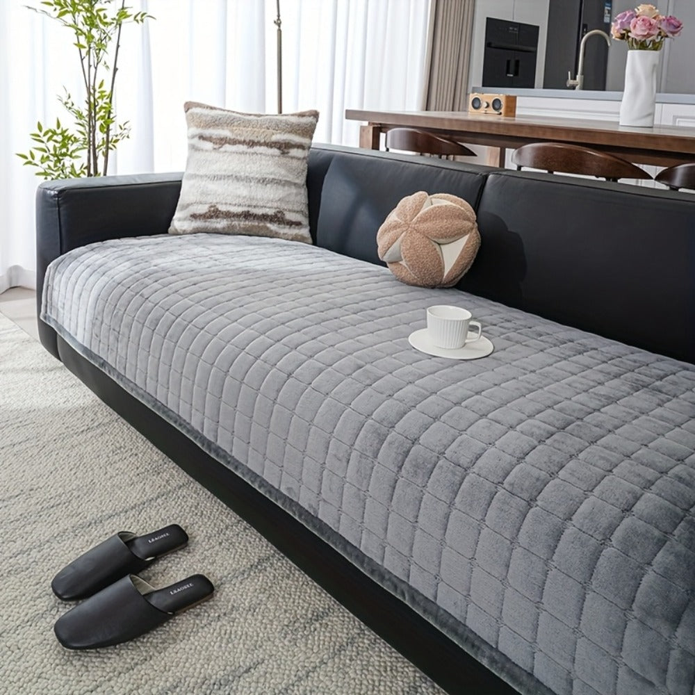 Sofa Cushion Cover Flannel Non-Slip Bohemian Style Soft Plush Couch Cover - Machine Washable Solid Color Slipcover for 2/3/4-Seater Sofa Living Room Bedroom Office, Coffee Gray White, Easy Care