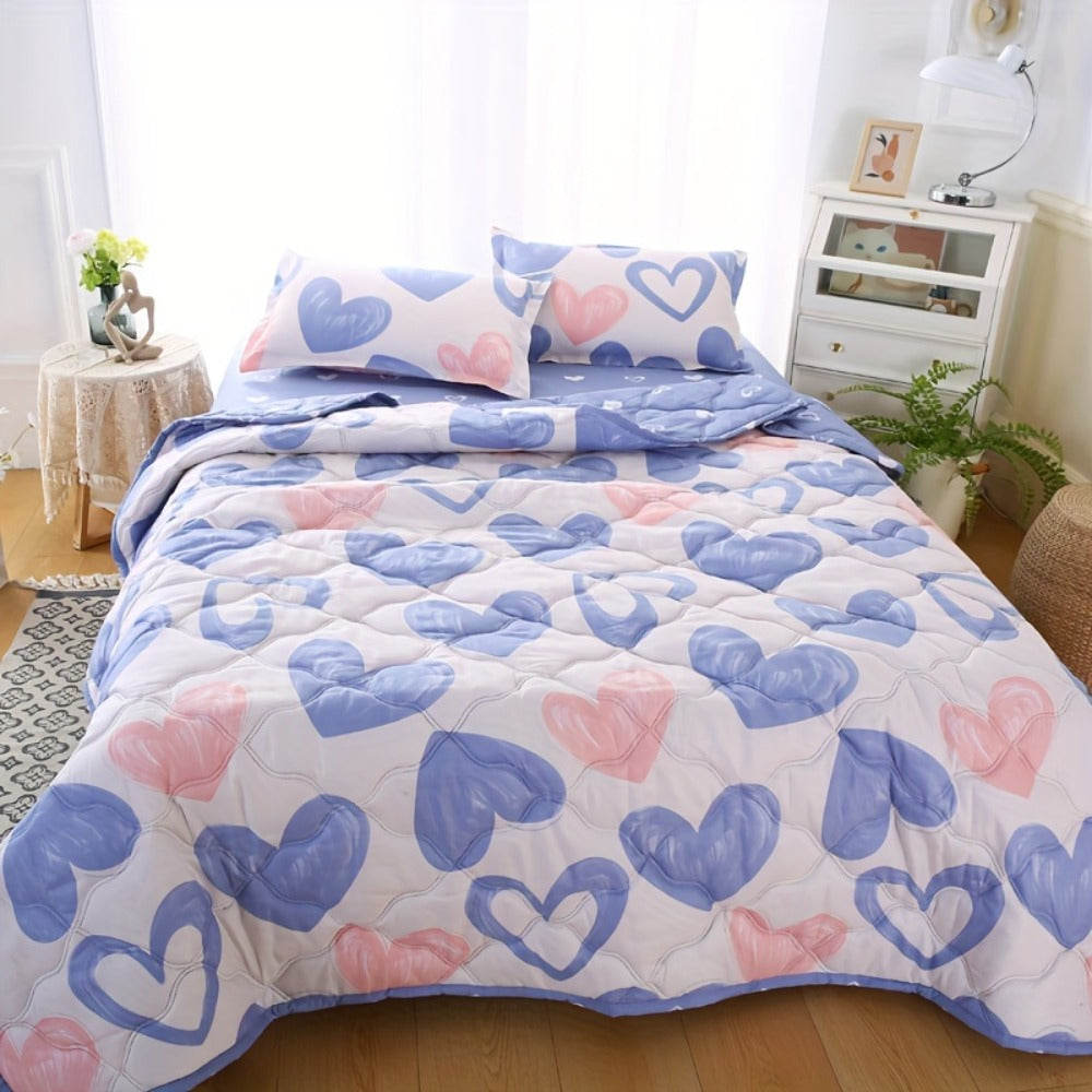 Summer Cooling Quilt Set 3-Piece, Skin-Friendly Thin Comforter with Embossed Print, Soft Breathable Four-Season Lightweight Quilt + 2 Pillowcases for Bedroom Hotel Sofa Single Double Full