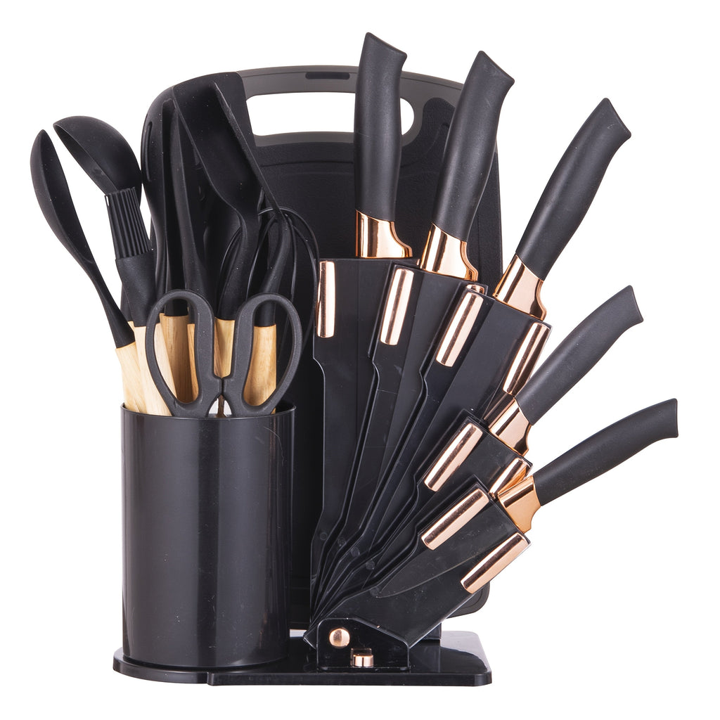 19-Piece Kitchen Knife & Utensil Set with Wooden Handles, Non-Stick Blades, Silicone Cooking Tools, Cutting Board, Scissors & Holder