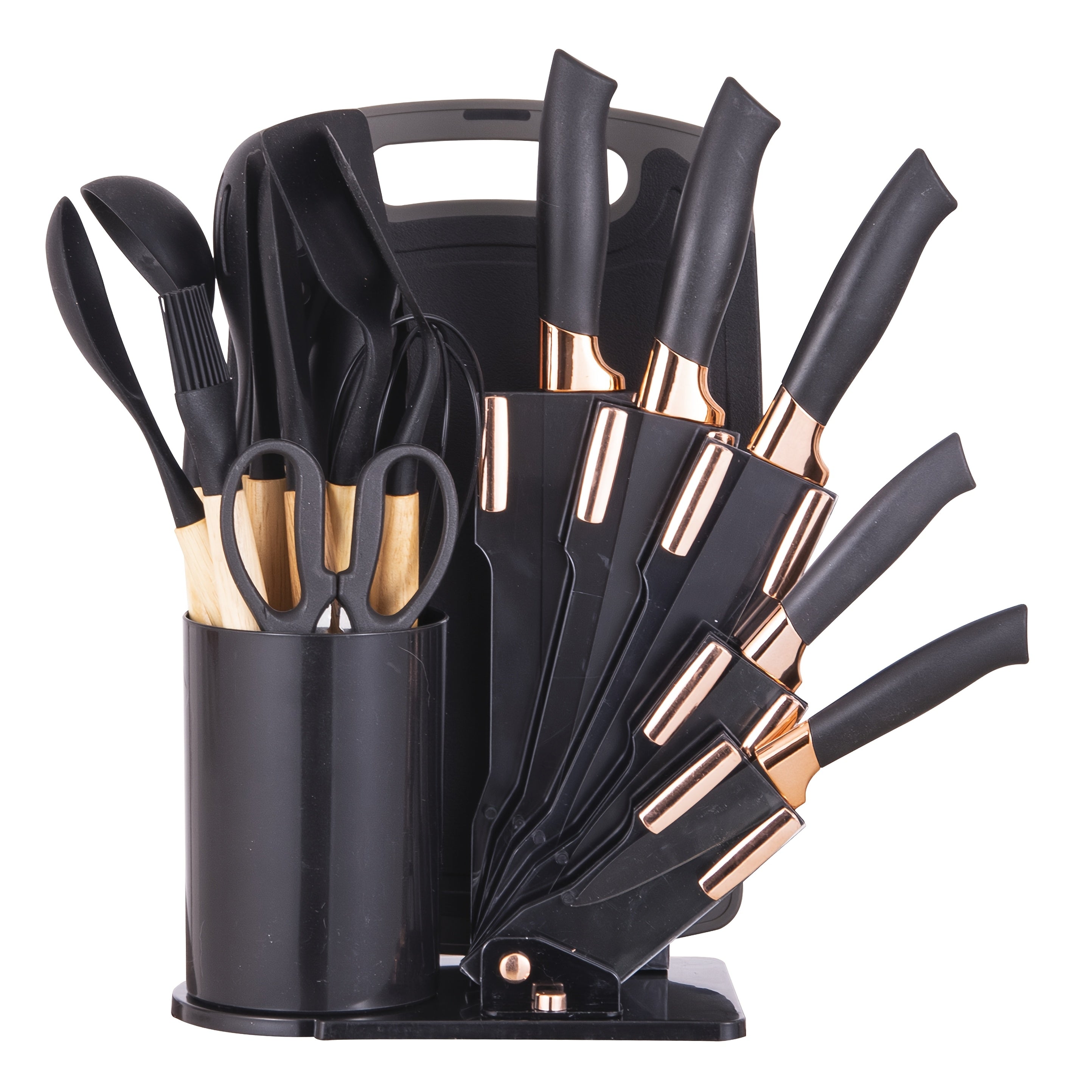 19-Piece Kitchen Knife & Utensil Set with Wooden Handles, Non-Stick Blades, Silicone Cooking Tools, Cutting Board, Scissors & Holder