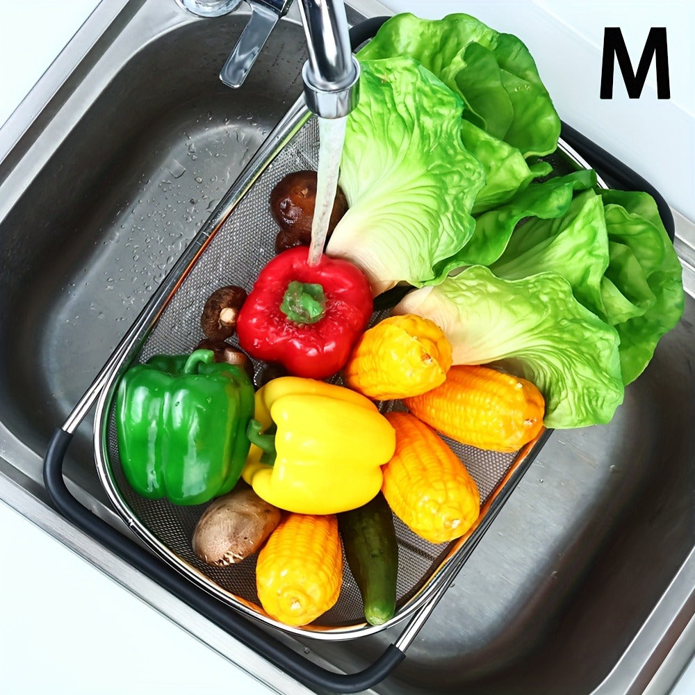 Expandable Sink Colander Stainless Steel ¨C Over the Sink Strainer Basket with Fine Mesh & Rubber Grip, Adjustable Kitchen Drain Strainer for Vegetables, Fruits & Pasta, Small & Large Size