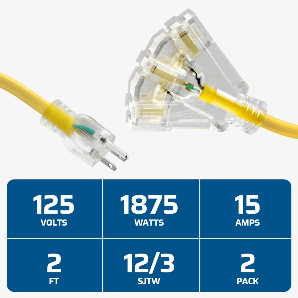 Heavy Duty Extension Cord Splitter Tri-Tap 2-Pack ¨C 15A SJTW Contractor Grade, LED Lighted Plug, 2ft Yellow Jacket for Outdoor & Job Site Use