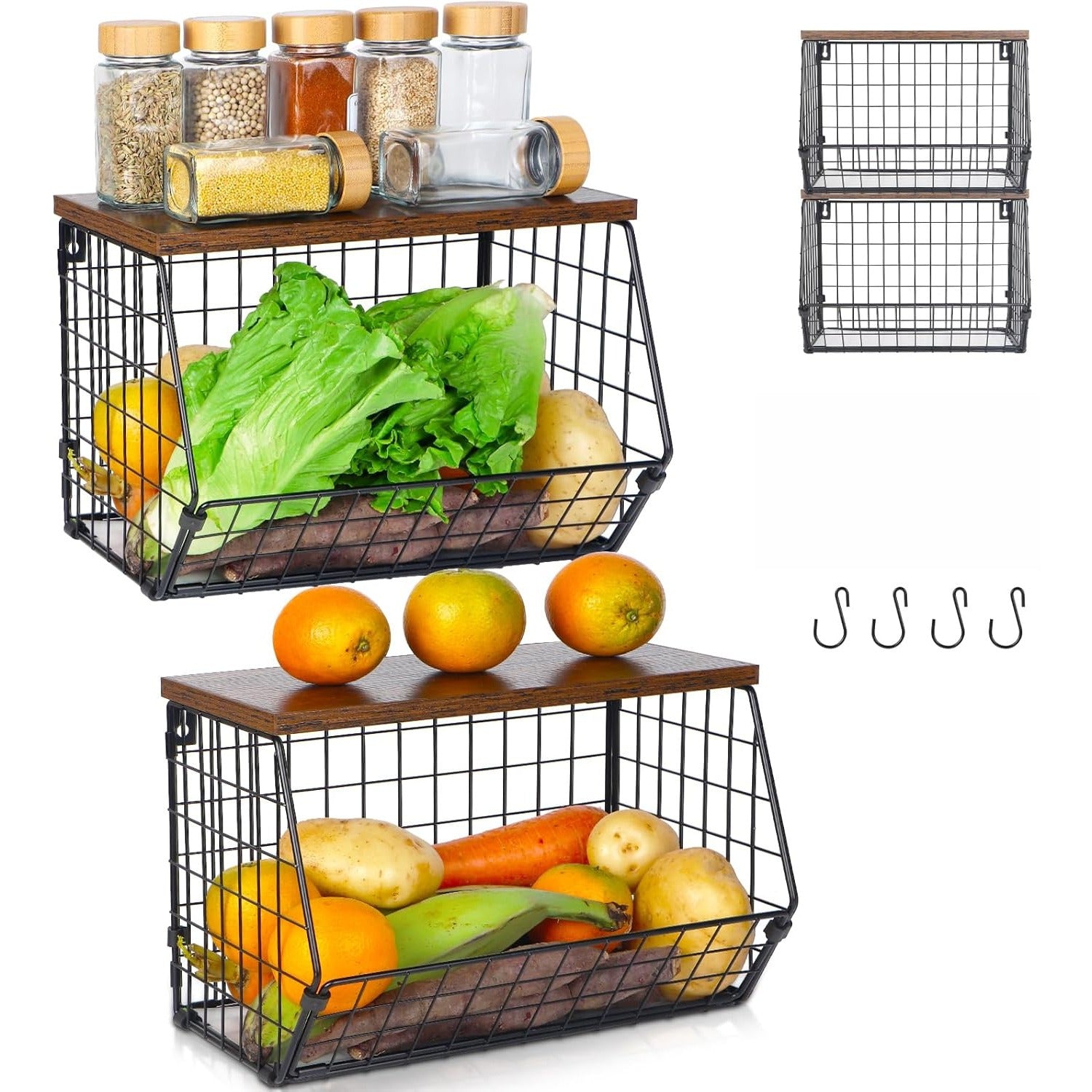 Wall-Mounted Fruit Basket with Wooden Cover - 2-Tier Metal Kitchen Storage Basket with Hooks, Stackable Hanging Organizer for Potatoes Onions Vegetables