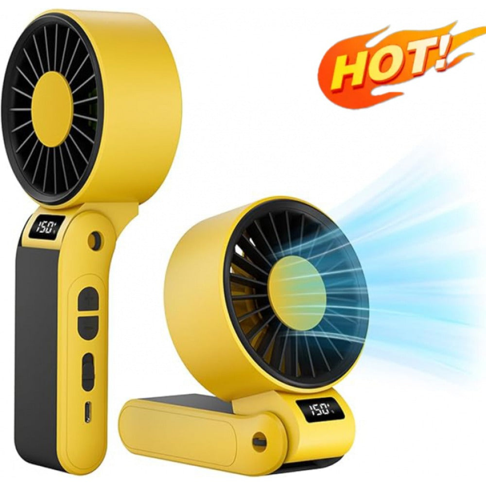 Handheld Fan USB-C Rechargeable 150-Speed Stepless Adjustable Turbo Fan LED Display Foldable Wearable Neck Desk Fan for Outdoor Travel Office Camping Black White Yellow