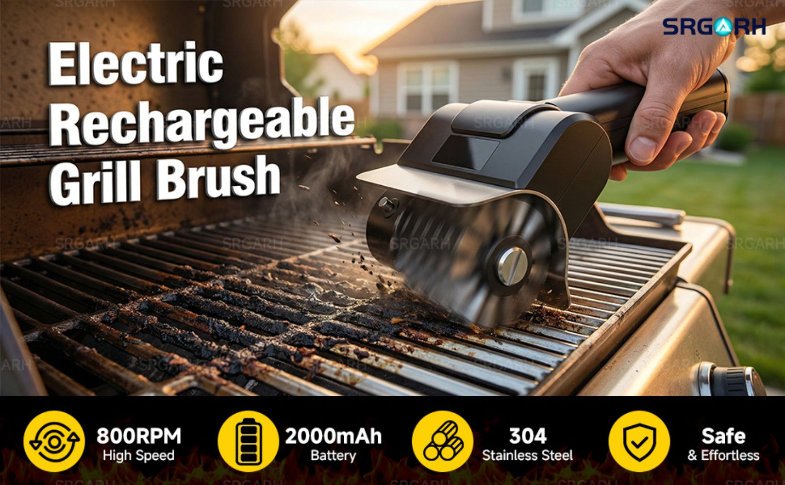 Electric BBQ Grill Brush Cordless Rechargeable Grill Cleaner with 800 RPM Rotating Head, 2000mAh Battery, 304 Stainless Steel Bristles ¨C Outdoor Grilling Tool, Father's Day Gift