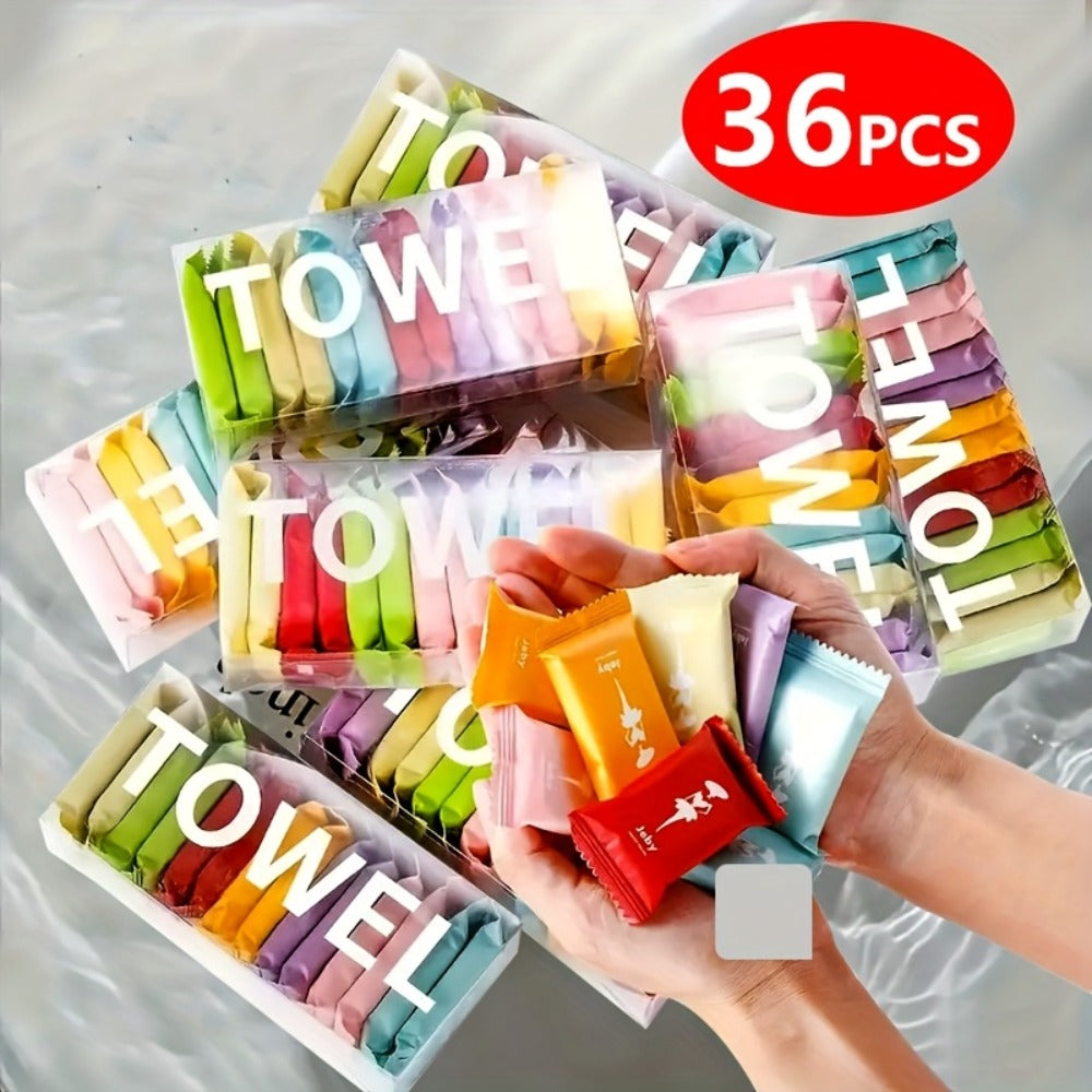 Compressed Disposable Face Towels 36pcs ¨C Pure Non-Woven Fabric Makeup Remover Wipes, Individually Wrapped Thickened Skin-Friendly Cleansing Cloths, Portable Travel Facial Towel Set Mixed Color