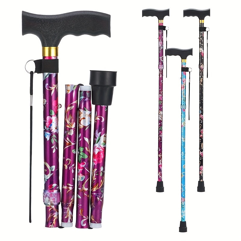 Foldable Walking Cane for Seniors Adjustable Height Folding Stick with Wrist Strap T-Handle Printed Design Portable Lightweight Mobility Aid Gift for Parents