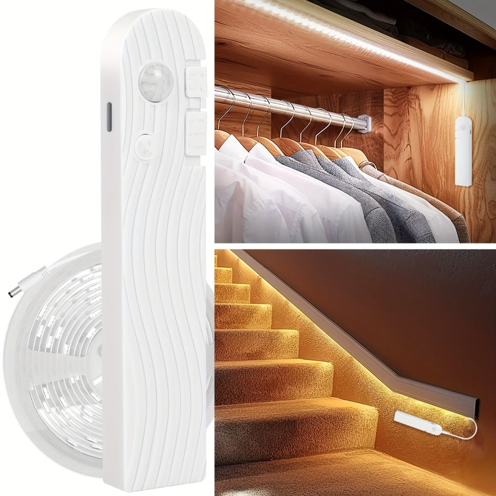 Motion Sensor LED Stair Light Strip 16.4Ft Battery Powered | Rechargeable 2200mAh Auto Motion Activated Indoor Lighting for Staircase, Closet, Pantry, Kitchen & Hallway, Flexible Adhesive LED Strip