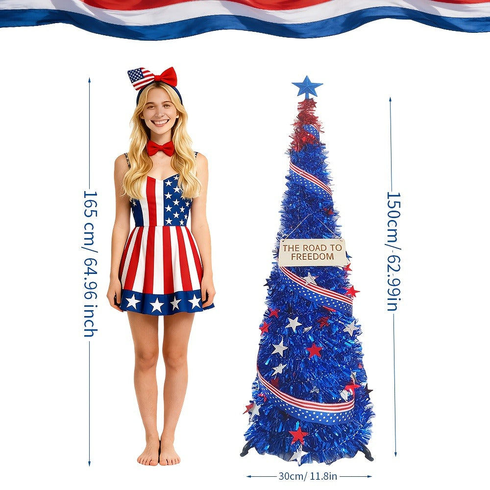4th of July Decorative Tree 5ft LED Light, Foldable Patriotic Stars & Stripes Blue Christmas Tree with Red White Blue LED String Lights, Independence Day Party Decoration & Summer Gift