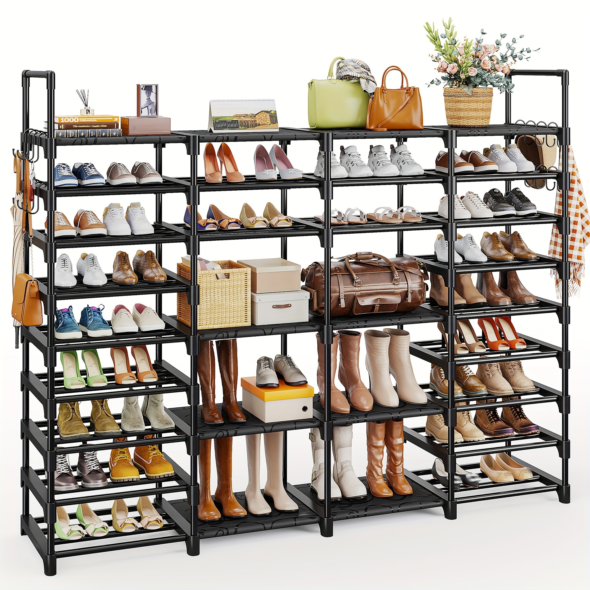 Metal Shoe Rack Organizer 4 Row 6 & 9 Tier Black | Heavy Duty Freestanding Shoe Tower Storage Shelf for Entryway Bedroom Living Room Holds 45-72 Pairs