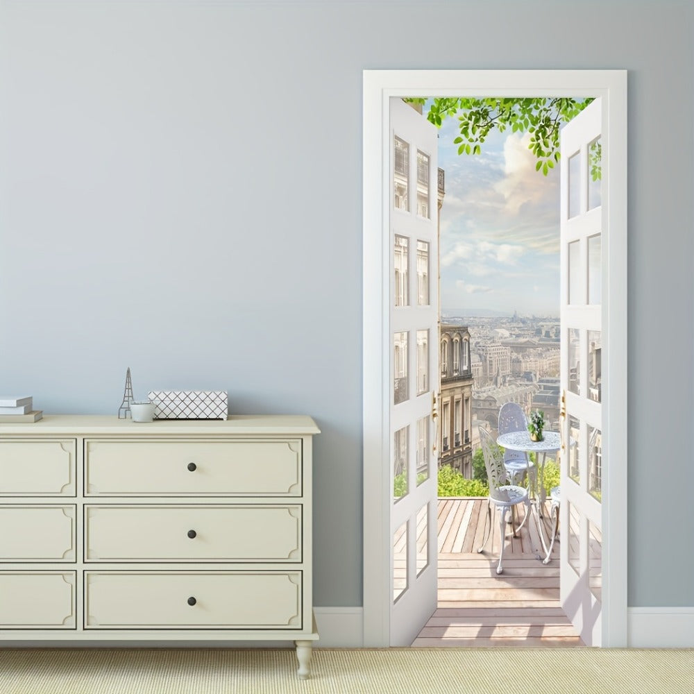 Door Sticker Balcony Scenery Wall Mural ¨C Removable Waterproof Peel & Stick Large Wall Art for Bedroom & Living Room, Faux Window View Home Decor, 35.43 x 78.74 Inches