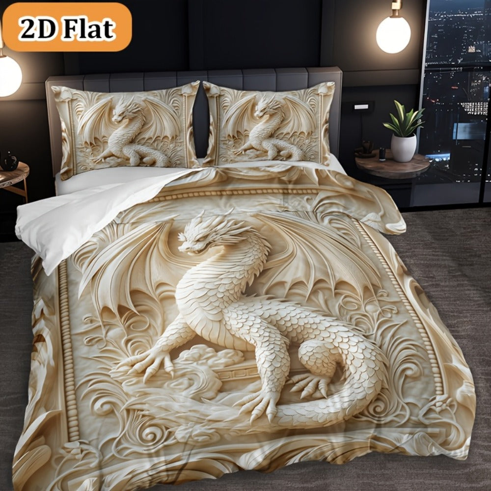Dragon Print Duvet Cover Set 3-Piece ¨C Boho Dragon Totem Bedding, Soft Polyester Comforter Cover with 2 Pillowcases, Twin Full Queen King, Dorm Room Decor