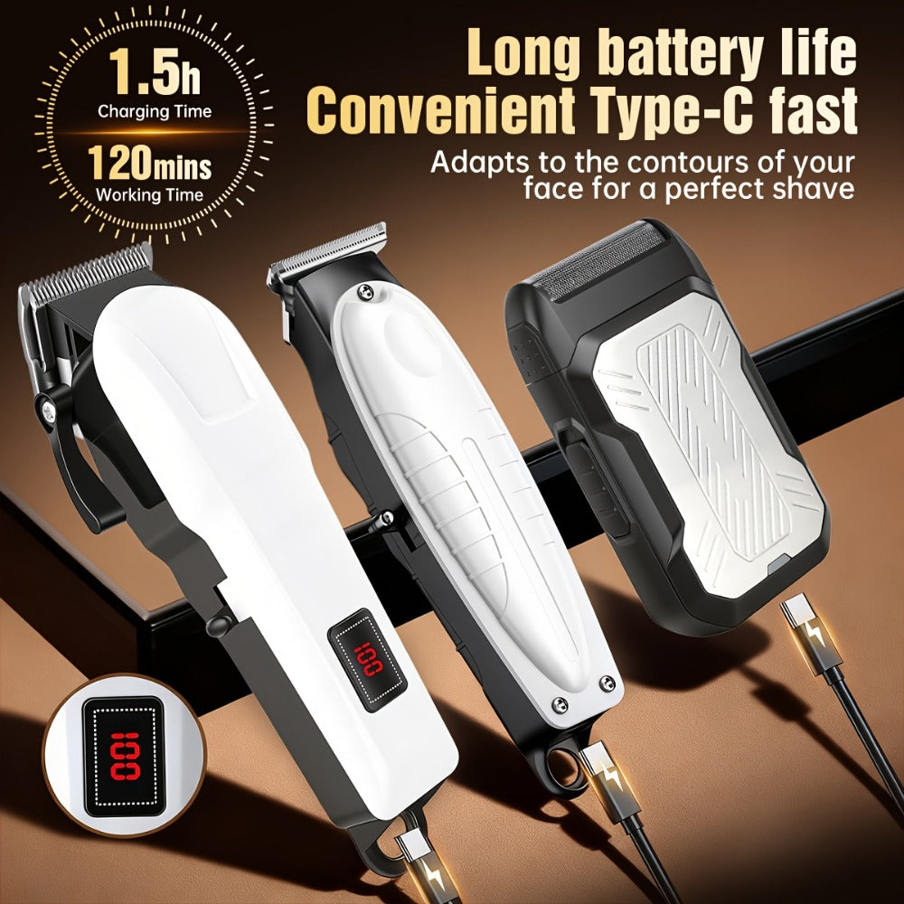 Men's Hair Clipper Set Cordless Beard Trimmer Electric Shaver Grooming Kit with LCD Display USB-C Rechargeable for Home Barber Haircut Mustache Travel Father's Day Gift