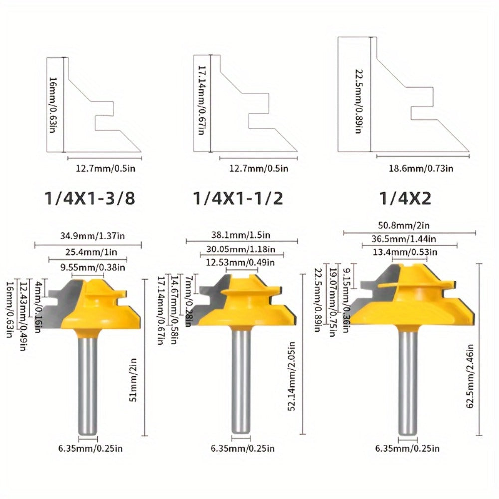 Locking Miter Router Bit Set 3 Piece 45 Degree 1/4 Inch Shank Carbide Woodworking Joinery Box Joint Corner Bits for Router Table