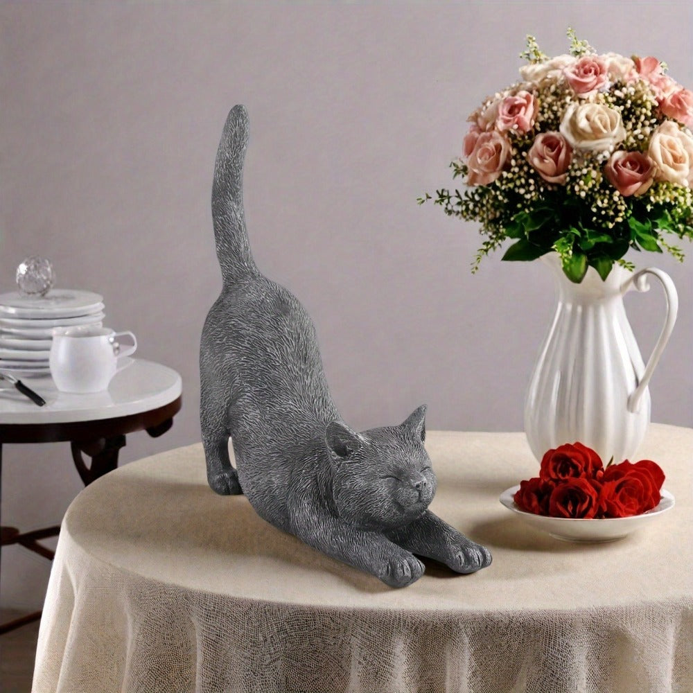 Yoga Cat Statue Hand-Painted Stretching Cat Figurine Grey Resin Decorative Sculpture for Home Office Garden Indoor Outdoor Decor Cat Lover Gift High-Quality Finish Stylish Ornament